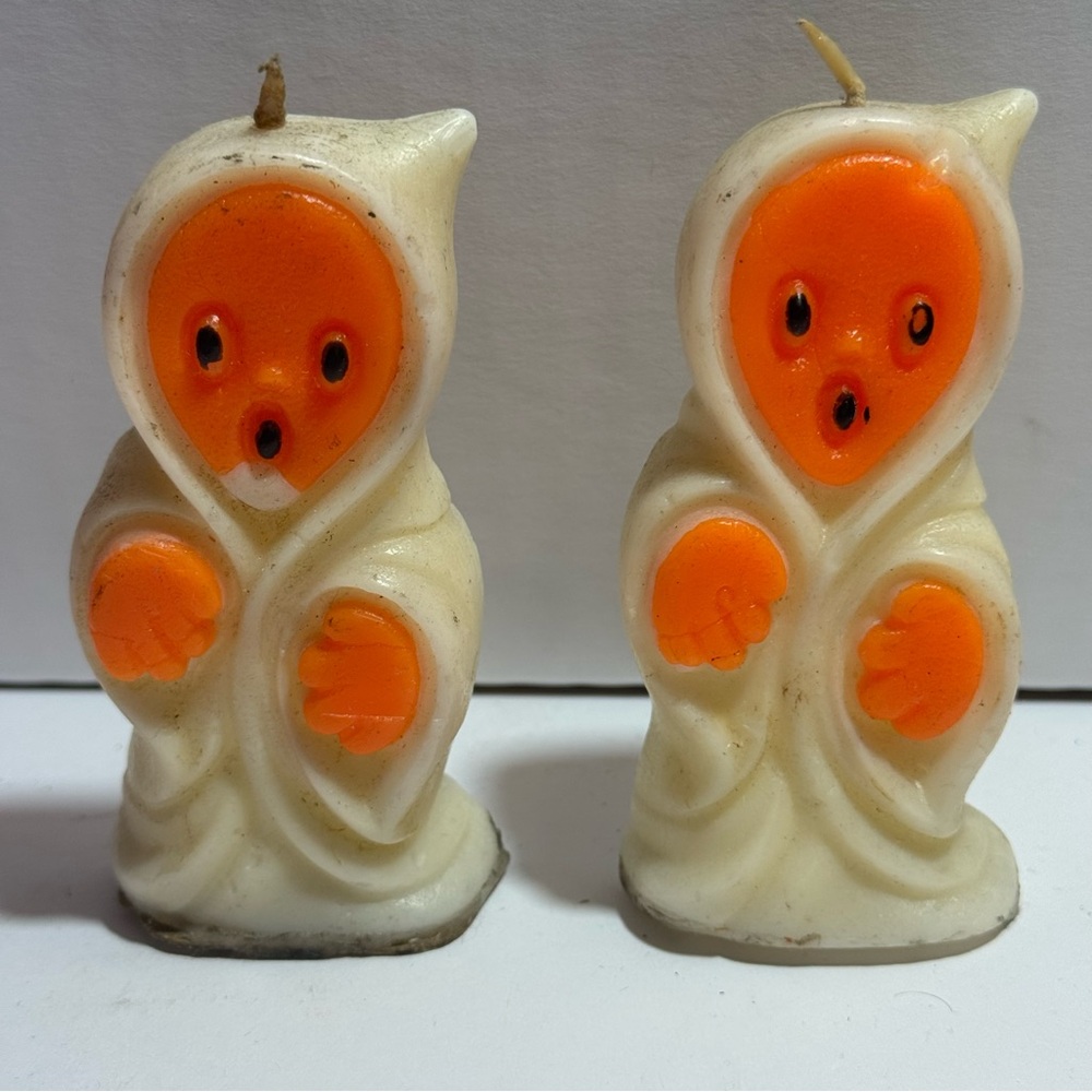 Vintage Gurley Halloween Ghost Candles Lot of 2 Orange & White